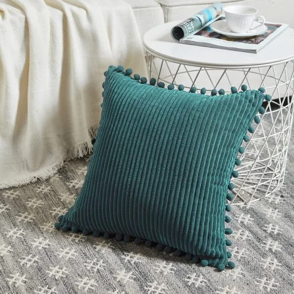 Turquoise Corduroy Luxury Velvet Pompom Dorm/Bed/Sofa/Patio Throw Pillow Covers - Picture 2 of 8